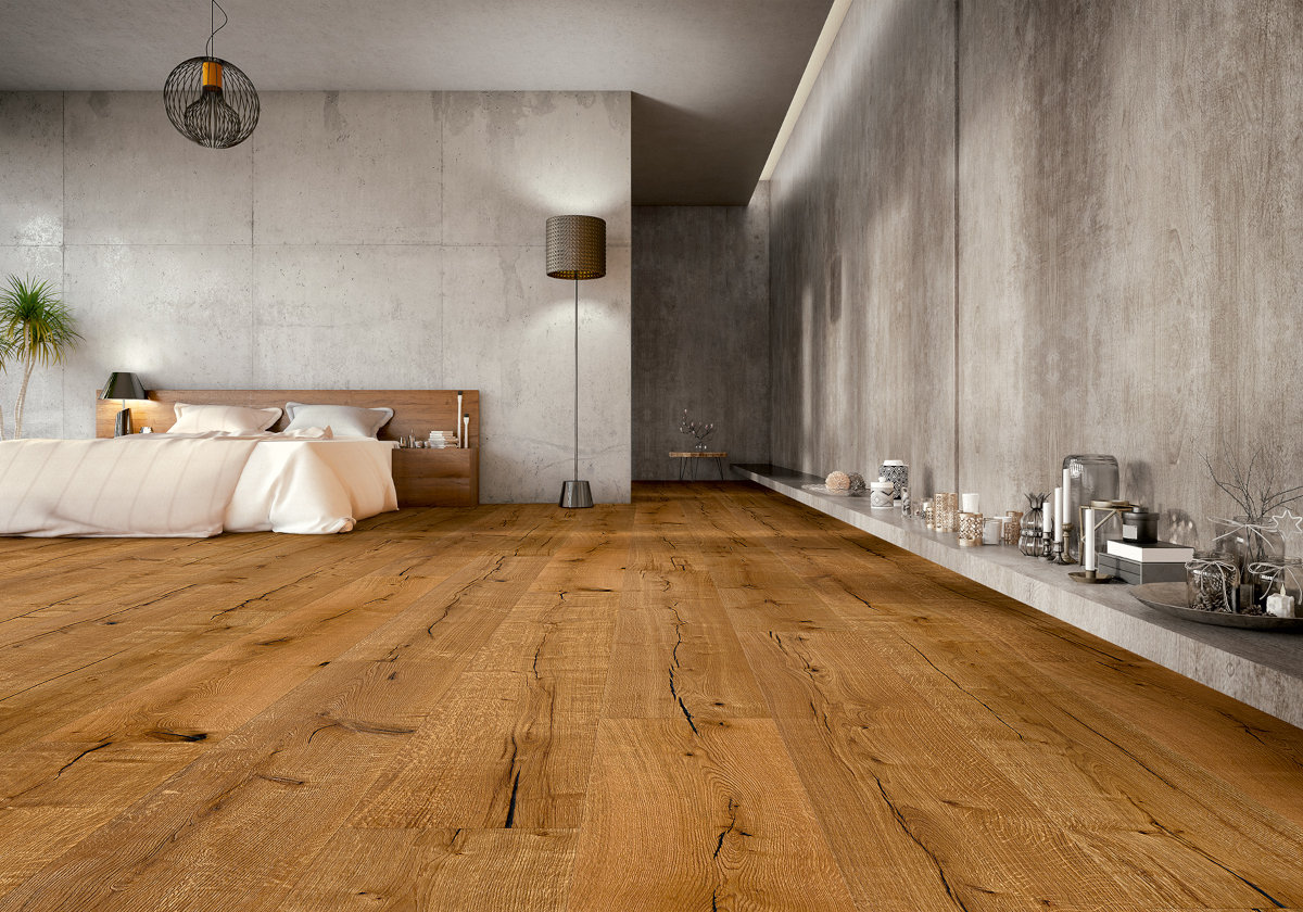 Foto Holzboden in Wohnzimmer mit Betonwände-